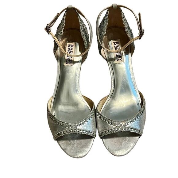 Badgley, Mishka sandal Silver Leather Bling Ankle Strap Kitten Heel 8 - Picture 10 of 12